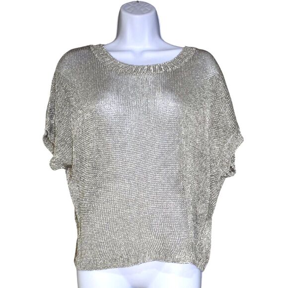 Vince Silver Metallic Mesh Knit Sweater Size S Short Sleeve Chic Blouse - Picture 1 of 14